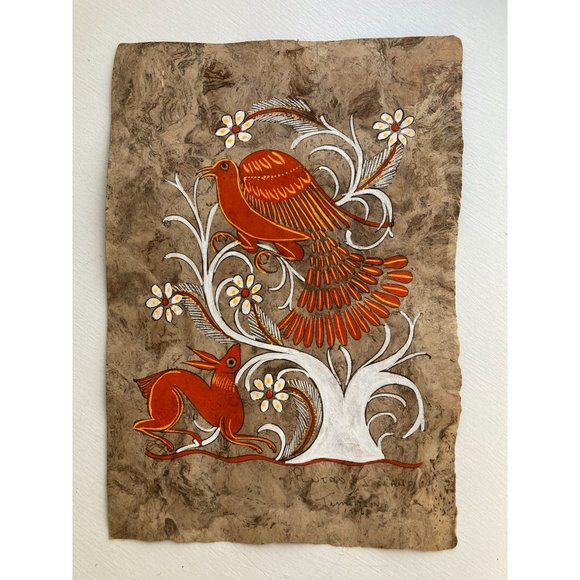 Spirit Animal Mexican Folk Art Painting on Handmade Paper-Signed 12" x 8" P. J